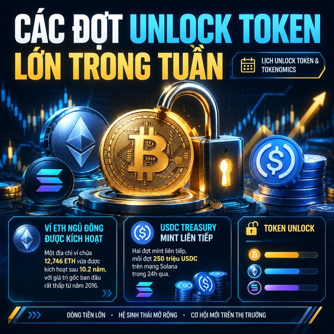 A Vietnamese cryptocurrency infographic titled 'CÁC ĐỢT UNLOCK TOKEN LỚN TRONG TUẦN' (Major token unlocks of the week), showing Bitcoin and Ethereum coins with a padlock, noting 12,746 ETH dormant wallet activated after 10.2 years, and 250 million USDC minted on Solana.