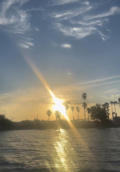 A photograph of a sunset over a body of water with palm trees silhouetted against the sky, with sun rays creating a glare on the water's surface.