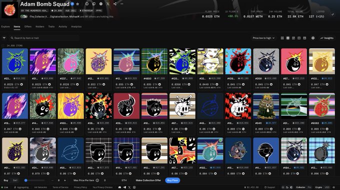 A screenshot of the 'Adam Bomb Squad' NFT collection page on Ethereum, displaying a grid of various cartoon bomb characters with their prices in ETH.