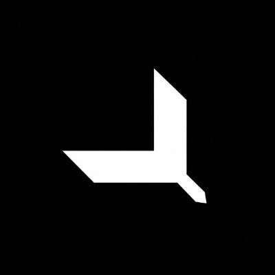A minimalist geometric logo in white against a black background, resembling a stylized abstract shape.