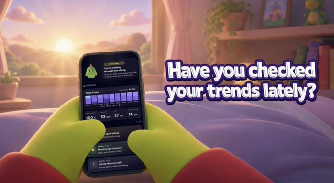 An advertisement showing green cartoon hands holding a smartphone displaying an analytics dashboard, with the text 'Have you checked your trends lately?' overlaid on a cozy bedroom scene.