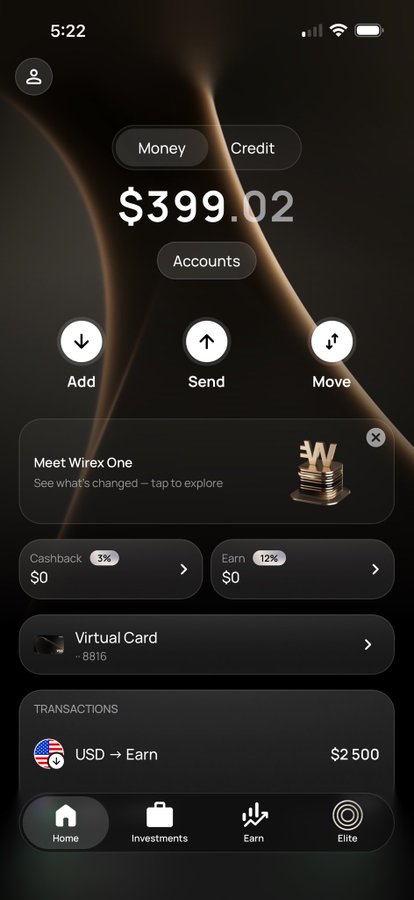 Screenshot of the Wirex app home screen showing a balance of $399.02 USD with quick action buttons (Add, Send, Move), a 12% Earn feature, and a recent transaction of $2,500 sent to "Earn," illustrating the post's mention of locking in $2,500 USD and accessing the Elite level.