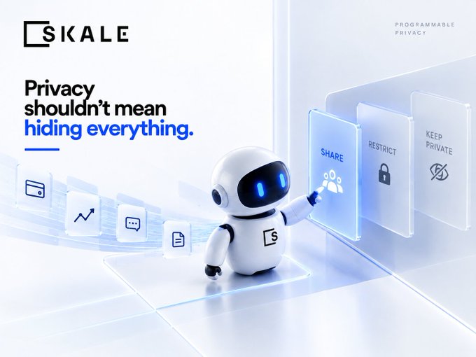 A sleek white robot mascot for SKALE stands in a futuristic blue-lit space, presenting three glowing panels labeled "SHARE," "RESTRICT," and "KEEP PRIVATE," alongside the headline "Privacy shouldn't mean hiding everything."—visually reinforcing the post's message that programmable privacy is about selective disclosure, not total concealment.