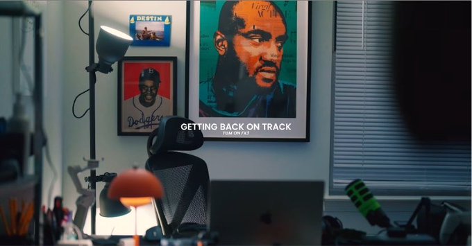 A home office workspace featuring a desk lamp, laptop, and framed artwork including a "Dodgers" poster and "DROSTIN" sign, with overlaid text reading "GETTING BACK ON TRACK — NEW ON F23" — visually anchoring the journey of learning Web3 growth marketing and the conceptual difference between Bitcoin and Ethereum as described in the post.