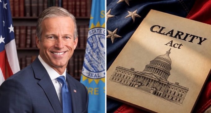 A smiling man in a blue suit stands before an American flag and a Senate seal, alongside an image of a document labeled "CLARITY Act" displayed over a flag with the U.S. Capitol illustration, visually supporting the breaking news of Senate Leader John Thune's push to advance the legislation.