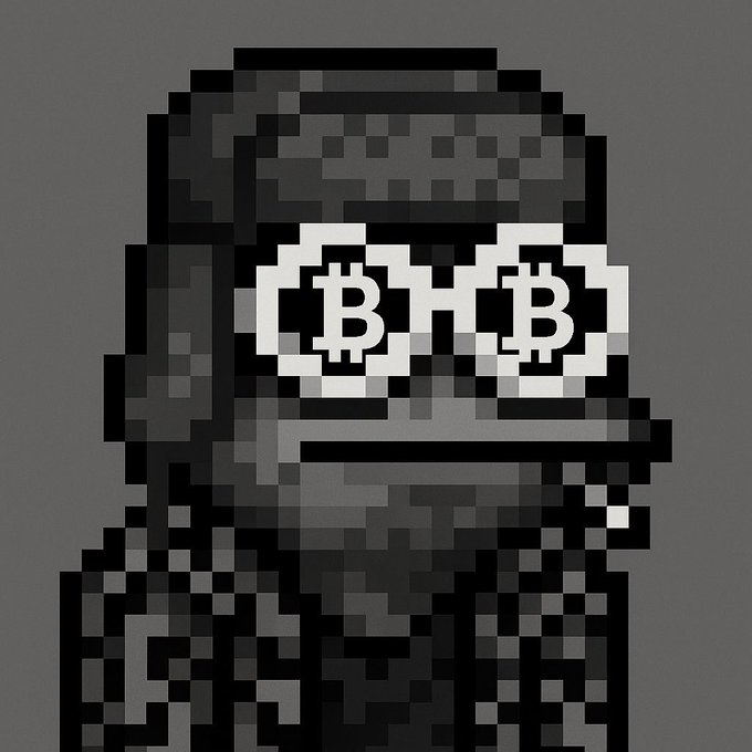 A pixel art illustration depicts a figure wearing sunglasses with Bitcoin (₿) symbols as the lenses against a gray background.