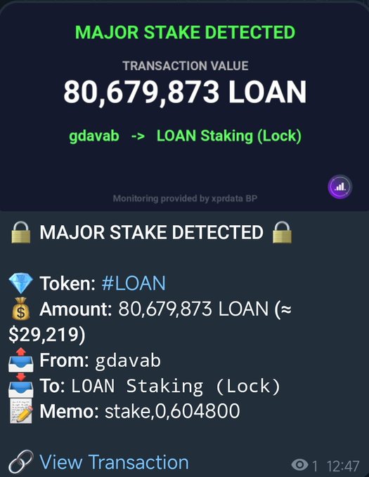The image shows a screenshot of a computer screen displaying information about a transaction. The main focus is on the text "Major stake detected" followed by details about the transaction, including the amount of money involved (80,679,873), the type of payment (loan), and the name of the person who sent it (Loan Staking). There are also other pieces of information such as the value of the token being sent (80,679,873) and the estimated value of the transaction. The image is accompanied by a caption that reads "#XPR Network #Loan Community! #Whale Watcher Transaction: 80,679,873 $LOAN STAKED Approx. value: $29,219 Catch every major move live with XPRDATA Whale Watcher".