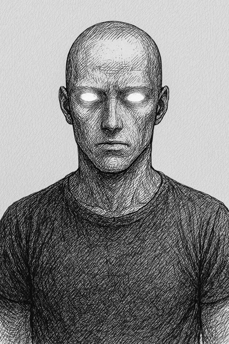 Pen and ink sketch illustration of a bald man with glowing white eyes wearing a dark t-shirt.