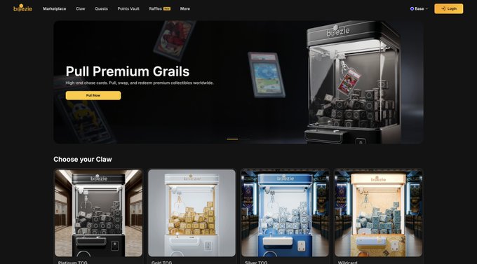 The image shows the Beezie website homepage, featuring a hero section titled "Pull Premium Grails" with a tagline about high-chase cards, pulls, swaps, and redeemable premium collectibles, alongside a "Pull Now" button. Below, a "Choose your Claw" section displays four different claw machine options: "Platform TCG," "Gold TCG," "Silver TCG," and "Wildcard," each styled as themed collectible vending machines that align with Beezie's marketplace built on Base for digital collectibles trading.
