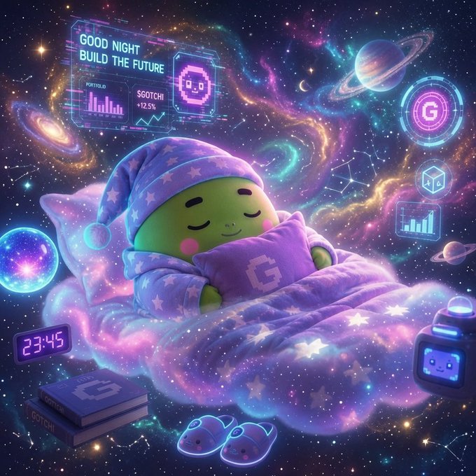 The image features a cartoon green alien wearing a purple robe with a pillow over its head, sleeping peacefully on a bed. The background of the image is filled with stars and planets, creating an otherworldly atmosphere. In the corner of the image, there are two clocks - one showing the time as "23:45" and another displaying "24:15". Additionally, there are three books placed in front of the alien's head on the bed. The caption for this image reads, "Good night build the future", which is a reference to the Good Night Build the Future project by @sleepagotchi.