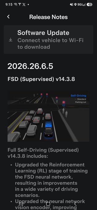 A Tesla mobile app screen shows Release Notes for Software Update 2026.26.6.5 and FSD (Supervised) v14.3.8.