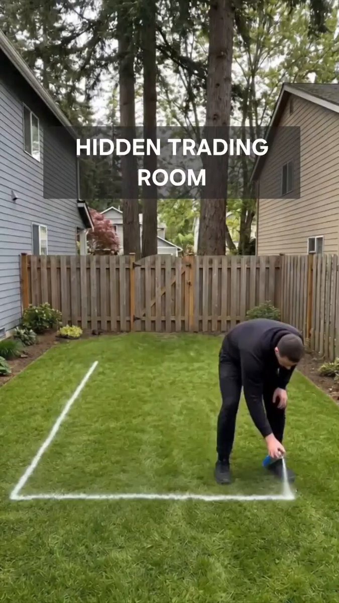 The image shows a man standing in his backyard, marking out a square area of grass with white chalk. The man appears to be focused on the task at hand, possibly working on a project or preparing for an event. The background features houses and trees, suggesting that this is likely a residential neighborhood. The post about the hidden trading room implies that there might be some sort of underground activity happening in the area, which could potentially involve cryptocurrency transactions or other illicit activities.