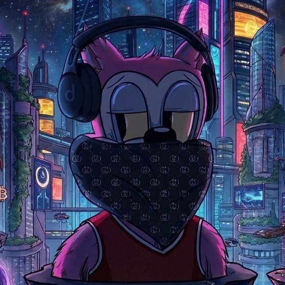 An anime-style digital illustration of a pink anthropomorphic fox character wearing black Beats headphones and a bandana mask, set against a vibrant cyberpunk cityscape.
