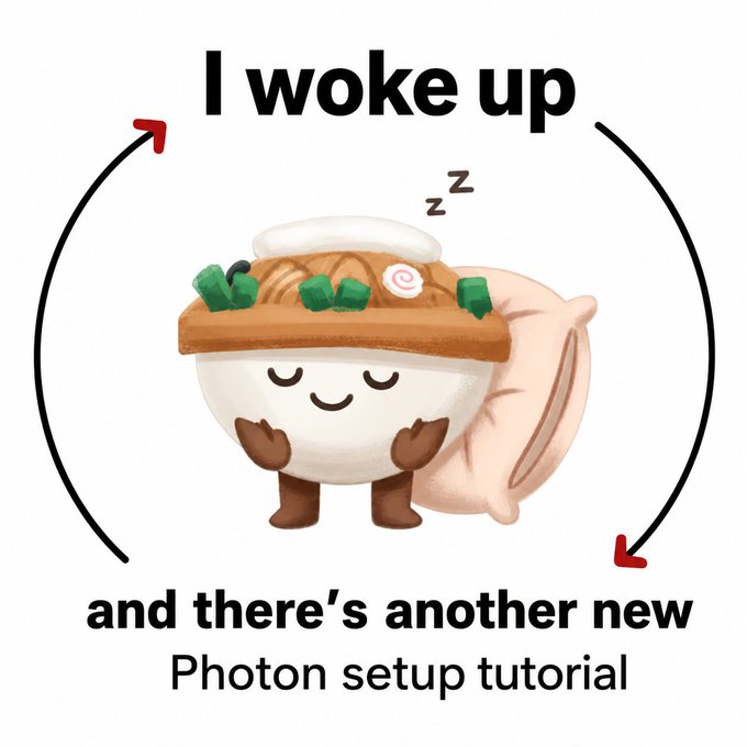 The image shows a cute cartoon bowl of ramen resting on a pillow with "zzz" symbols, surrounded by a circular arrow and the text "I woke up and there's another new Photon setup tutorial." It humorously depicts exhaustion from the massive launch day, reflecting the post's announcement of PhotonHQ releasing 10 new demos and integrations, including those with Convex, Coinbase, Orchid, and Ibrahim S15.