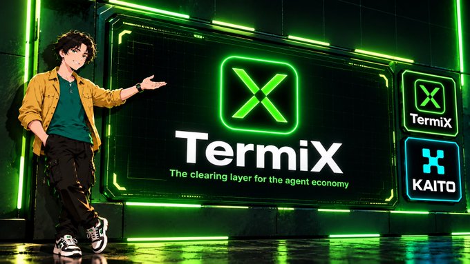 Anime-style figure of a person in a yellow jacket posing next to a large green neon sign for 'Termix - The clearing layer for the agent economy' alongside 'KAITO' and TermiX logos.