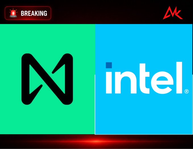 A breaking news graphic displays the logos for Neon and Intel side by side.