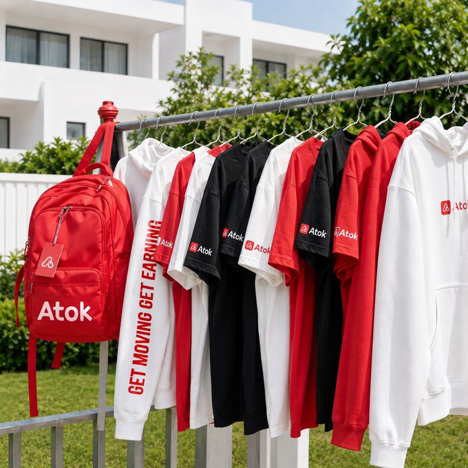 A red "Atok" branded backpack hangs on a rack beside a row of "Atok" t-shirts and hoodies in red, black, and white, with one white shirt reading "GET MOVING GET EARNING." The coordinated merch lineup visually reinforces the post's theme of stacking $ATOK, with the "Get Moving Get Earning" slogan directly echoing the caption's call to action.