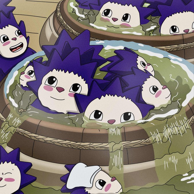 A whimsical illustration shows adorable round chog creatures with spiky blue hair soaking in wooden hot tubs filled with green bathwater, evoking a playful "team bath" vibe that matches the post introducing the chog project's founders, devs, artists, and community leads.
