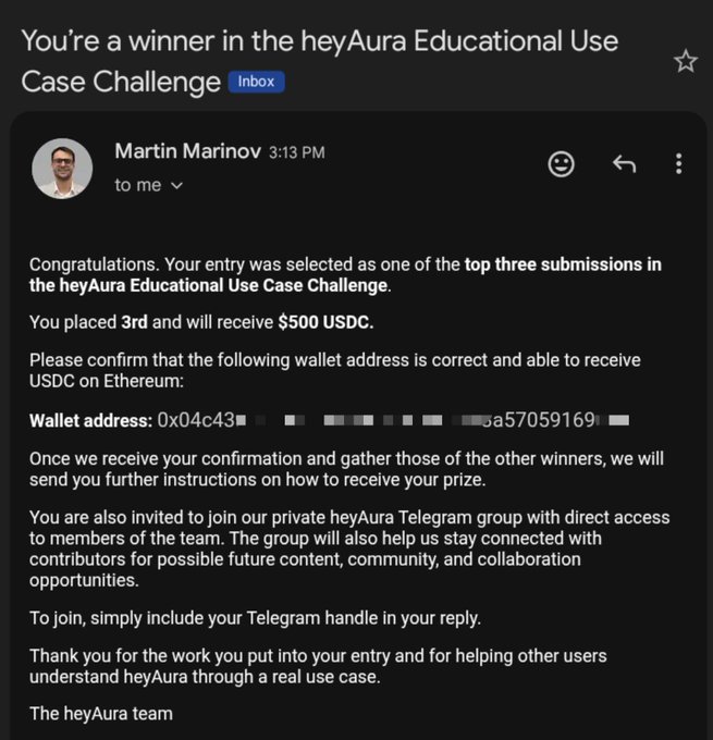 A screenshot of an email from Martin Marinov confirming a 3rd place win and $500 USDC prize in the heyAura Educational Use Case Challenge, with the recipient celebrating the $500 earnings on social media.