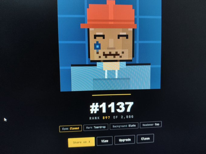 A pixel art NFT profile showing a character with an orange cap, labeled '#1137' with 'RANK 897 OF 2,800' and traits including 'Eyes Closed', 'Hank Teardrop', 'Background Slate', and 'Headwear Cap'.