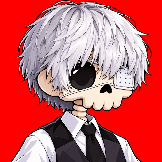 An anime-style illustration features a character with white hair, an eyepatch, and a black vest over a white shirt and tie, set against a red background.