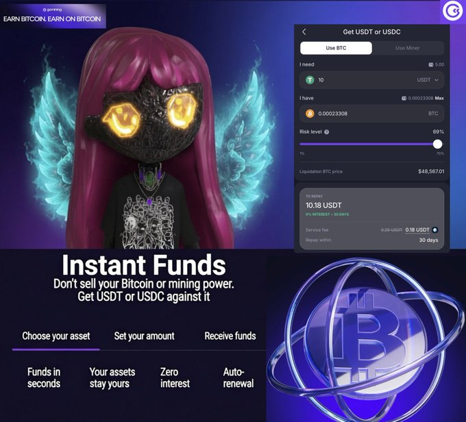 Promotional website for an Instant Funds service allowing users to get USDT or USDC against their Bitcoin or mining power, featuring a character illustration and showing conversion rates including BTC at $48,567.01.