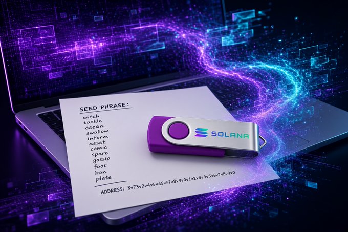 A Solana-branded hardware wallet displayed on a laptop, alongside a paper with a seed phrase listing words like "witch, tackle, ocean, swallow" and a Solana wallet address starting with "8vF3v2v4v5v6suf7v8v4vo1v2v3v4v5v6v7v8v4v0".