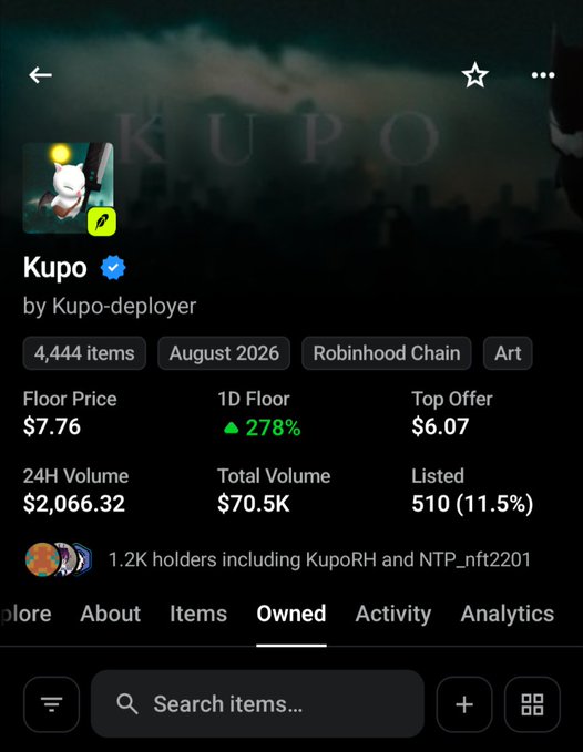 A screenshot of a NFT collection page for 'Kupo' by Kupo-deployer, showing a floor price of $7.76 and 1D floor up 278%.