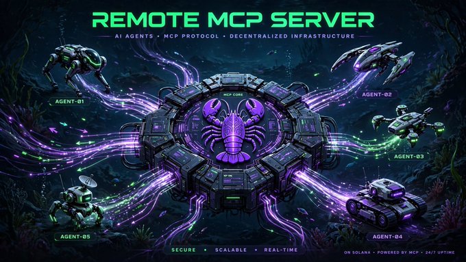 A futuristic sci-fi graphic titled 'REMOTE MCP SERVER' shows a central purple mechanical structure connected to five robotic agents (AGENT-01 through AGENT-05) with text 'AI AGENTS • MCP PROTOCOL • DECENTRALIZED INFRASTRUCTURE' and 'ON SOLANA • POWERED BY MCP • 24X7 UPTIME'.