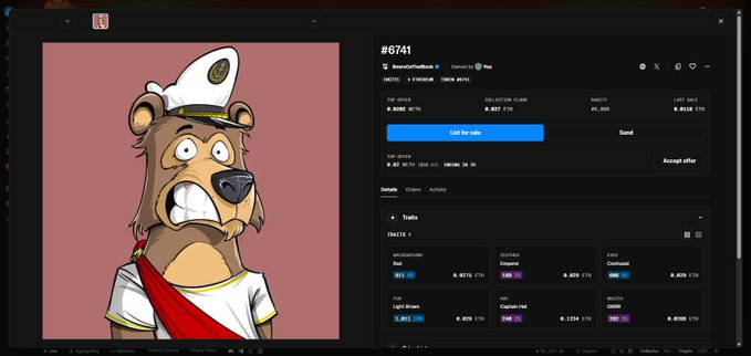 A screenshot of a NFT marketplace showing a cartoon bear character NFT (#6741) by BeemeralHub.lol with a top bid of 0.0362 METIS, along with trait details.