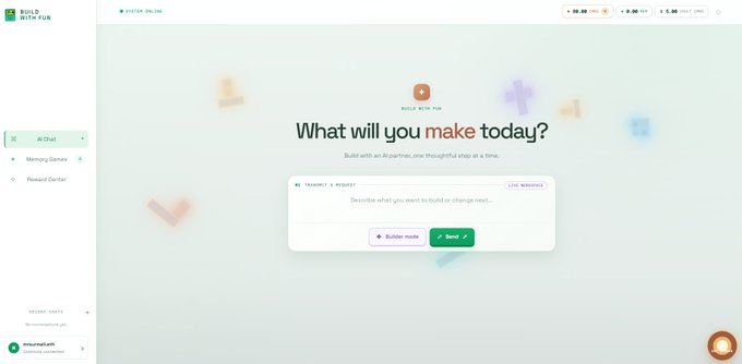 A screenshot of the "Build with FUE" website interface featuring the prompt "What will you make today?" with a request input field.