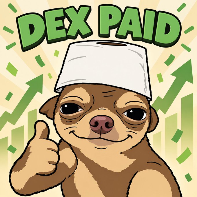 A cartoon dog with a paper on its head gives a thumbs-up below bold green text reading 'DEX PAID' against a yellow background with upward arrows and falling money.