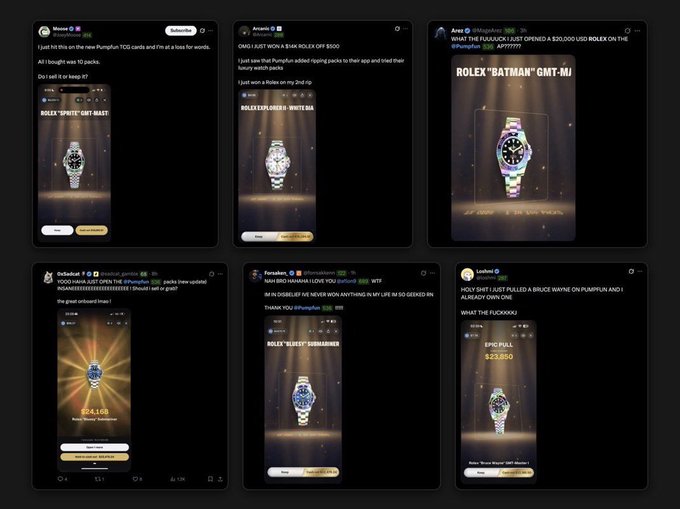 A six-post grid shows Pumpfun “Pack” openings featuring high-value Rolex-themed trading cards, including “ROLEX ‘WHITE’ GMT-M,” “ROLEX ‘EXPLORER’ WHITE DIA,” “ROLEX ‘BATMAN’ GMT-M,” and “ROLEX ‘SUBMARINER.” Visible wins include $24,168 and an EPIC pull of $23,850, illustrating the accompanying post’s claim that rare-card winners may spend roughly $20,000–$30,000 per pack.