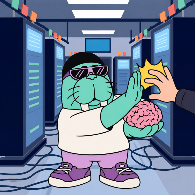The image features a cartoon walrus wearing sunglasses and holding a brain above its head. The walrus appears to be waving at someone who is holding up a brain. The scene takes place inside a computer server room, with multiple servers visible behind the walrus. The text in the image reads "When a government can force a model to shut down, and your agent memory is stored with the provider, you lose control That'S why $WAL is important not your memory, not your agent".