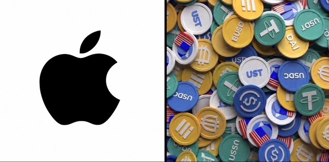 Apple's iconic black logo sits beside a colorful pile of physical cryptocurrency tokens representing various stablecoins (USDT, USDC, DAI, BUSD) and other digital currencies, visually symbolizing the company's reported move into the crypto and stablecoin space through a new Apple Pay leadership hire.