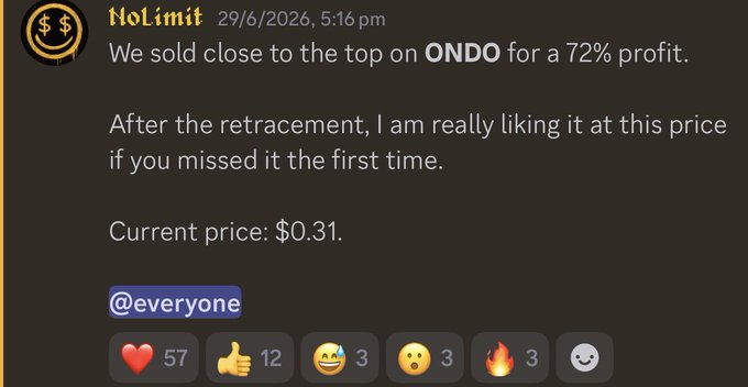 A screenshot from NoLimit showing a successful 72% profit trade on ONDO, highlighting a current price of $0.31 and tagging @everyone, which the accompanying post uses to showcase the caller's track record in identifying ONDO's bottom to promote "The Assembly" group ahead of a July 22 event.
