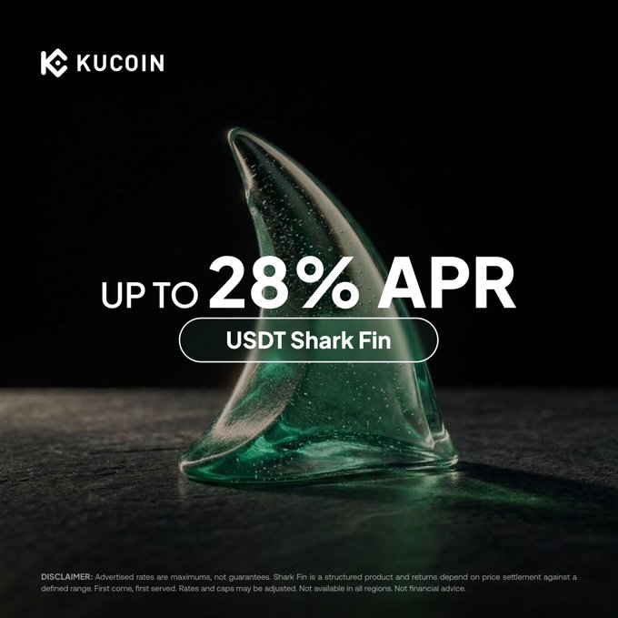 A KuCoin advertisement featuring a green glass shark fin with text 'UP TO 28% APR' and 'USDT Shark Fin,' including a disclaimer about advertised rates.