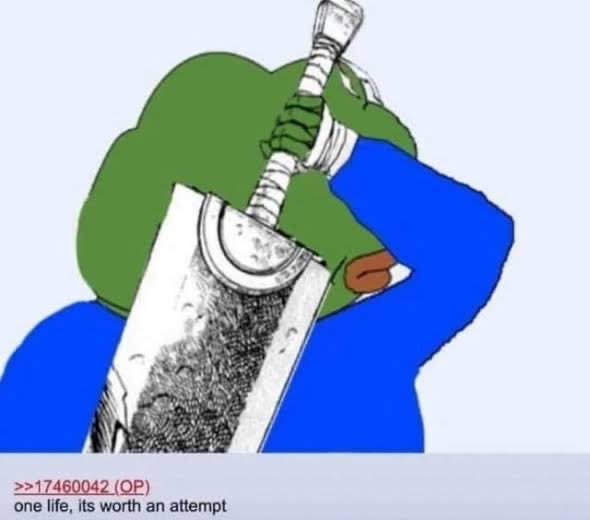 A Pepe the Frog meme depicts the green cartoon figure swallowing a sword downward in a dramatic act of self-harm, paired with the caption ">>17460042 (OP) one life, its worth an attempt."

The image relates to the post by serving as a dramatic, meme-format reaction to the news that $stonkbankers is shutting down, with the poster expressing their willingness to take drastic action ("one life, its worth an attempt") over the failure of the project.