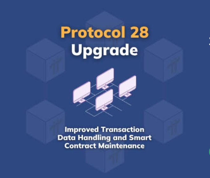 A graphic with a blue background advertises 'Protocol 28 Upgrade' featuring the tagline 'Improved Transaction Data Handling and Smart Contract Maintenance' alongside illustrations of connected computer monitors.