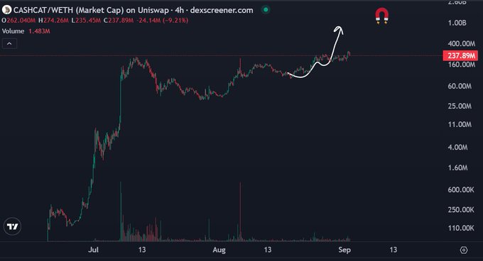 A 4-hour Uniswap chart for $CASHCAT/WETH shows the market cap at 237.89M (-9.21%), with a hand-drawn arrow illustrating an upward breakout from consolidation near 200M toward higher levels, visually reinforcing the post's claim that the project's target is "still billions."