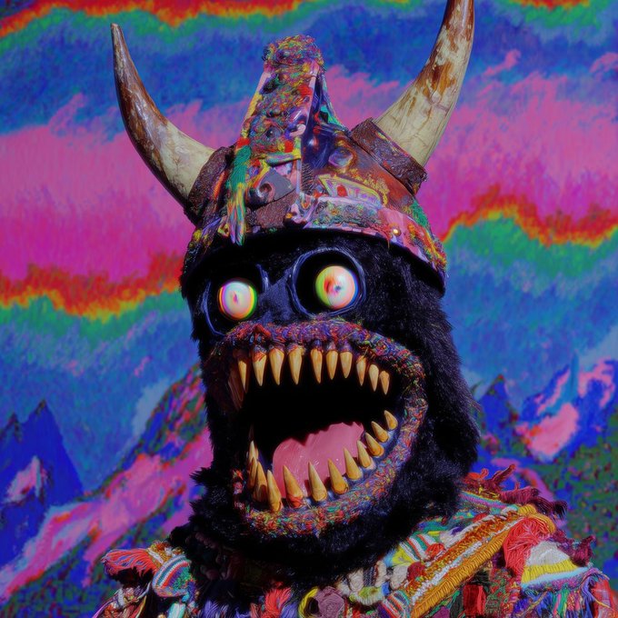 A vivid, psychedelic NFT artwork of a horned "Berserker" creature with glowing eyes and a fanged maw, set against a neon rainbow sky—imagery used to promote the Berserker collection over the rival Argonauts mint by @lphaCentauriKid.