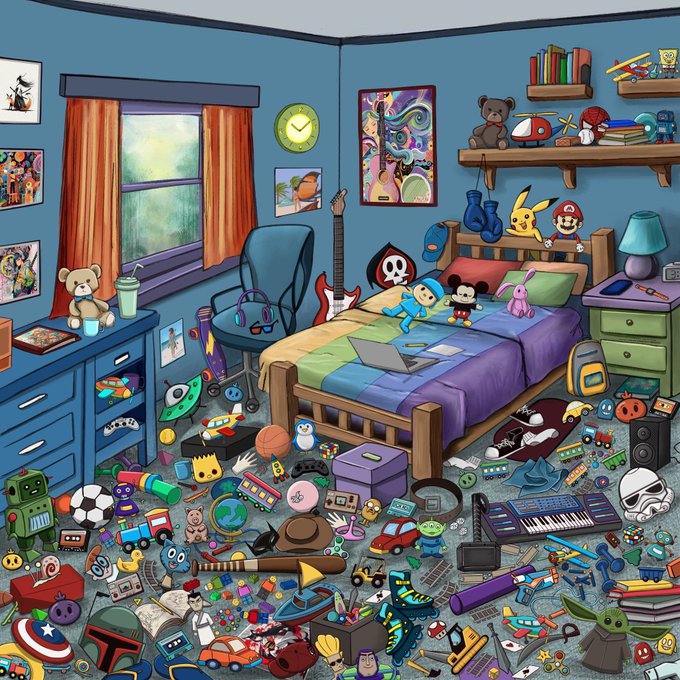 A detailed illustration of a cluttered bedroom filled with countless toys, collectibles, books, and pop culture items scattered across the floor, bed, and shelves.