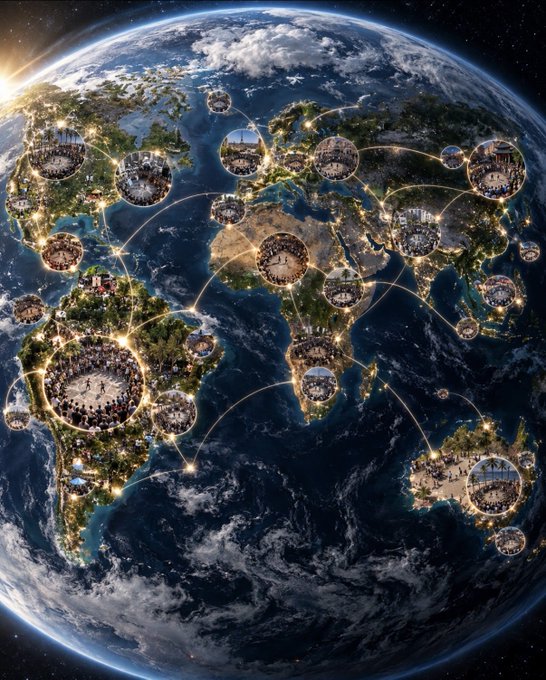 A conceptual digital artwork of planet Earth showing a global network of interconnected glowing nodes displaying various city scenes linked by light beams across all continents.