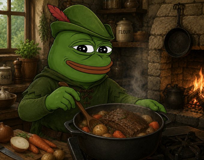 A green Pepe the Frog character dressed in a Robin Hood-style hat and tunic stirs a hearty pot roast filled with meat, carrots, and potatoes in a rustic stone kitchen. Visible labels include "FLOUR" on a ceramic jar and "SALT" on a container, while steam rises from the simmering meal—mirroring the post's metaphor of $REPE being a slow-cooked, organic, community-driven token with no artificial hype.