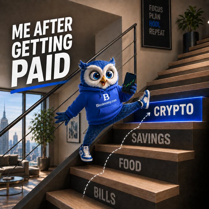 A meme featuring a blue owl in a 'B Bconomy.com' hoodie climbing stairs labeled 'BILLS', 'FOOD', 'SAVINGS', 'CRYPTO', with text 'ME AFTER GETTING PAID' and a framed poster reading 'FOCUS PLAN HODL REPEAT'.