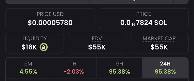 A memecoin dashboard displays a token priced at $0.00005780 (0.0000005780 SOL) with $55K market cap and FDV, $16K liquidity, and price gains of 4.55% (5M), -2.03% (1H), 95.38% (6H), and 95.38% (24H), aligning with the post's pitch of a low-cap token with massive multiplier potential.