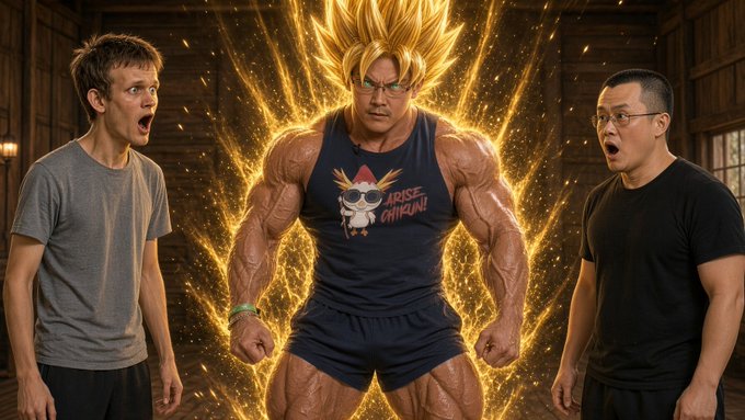Two men stand shocked on either side of a muscular, golden-aura-wreathed figure with spiky blonde hair wearing a 'One Piece' tank top, styled like a Dragon Ball transformation scene.