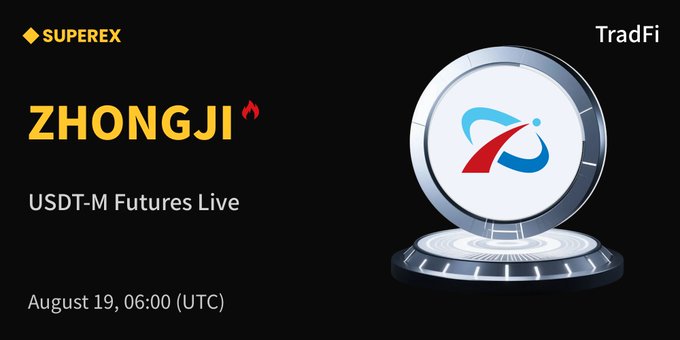 A promotional graphic for SuperEx announcing $ZHONGJI USDT-M Futures Live trading starting August 19 at 06:00 (UTC), featuring the SuperEx logo and a futuristic circular emblem with a red and blue swoosh design on the right side.