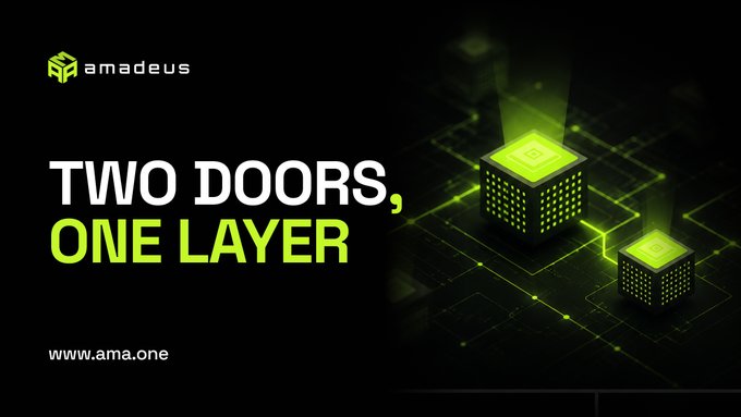 Promotional graphic for Amadeus featuring the text 'TWO DOORS, ONE LAYER' alongside glowing green 3D cubes representing blockchain infrastructure, with the website www.ama.one displayed.