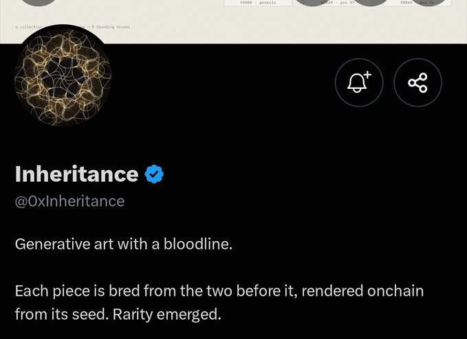 Twitter profile for @0xInheritance, an NFT collection titled "Inheritance," featuring a dark circular avatar with an intricate gold web-like generative pattern, a verified badge, and a bio reading "Generative art with a bloodline. Each piece is bred from the two before it, rendered onchain from its seed. Rarity emerged."